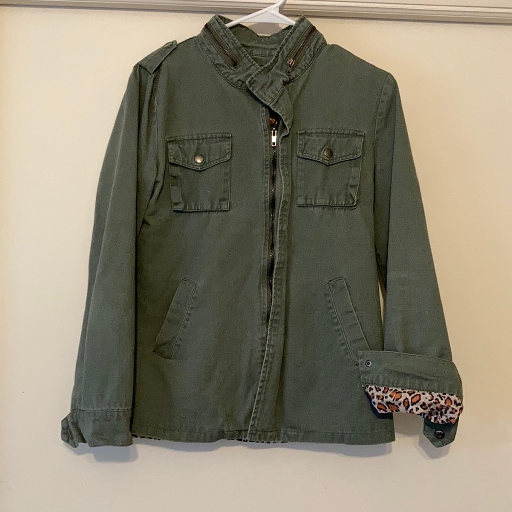 Hunter Green Utility Jacket w/ Leopard Lining